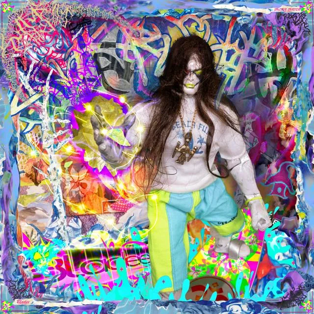 Sulfur Surfer cover — a hyper-saturated, graffiti-drenched collage of Bladee with long hair and yellow glasses in a Search Fund tee