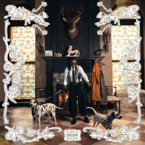 Cochise Trench Town album cover — Cochise standing before a fireplace with a mounted deer head and two Dalmatians, framed by ornate filigree