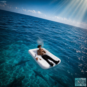 The Rule of Success album cover — Lazer Dim 700 reclining on a white inflatable raft adrift on bright turquoise open water, drink in hand