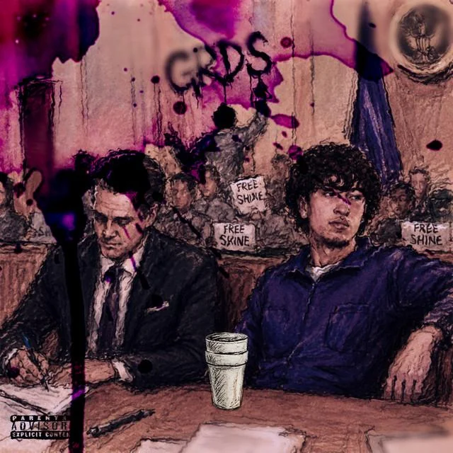 Get Rich Or Die Sippin' album cover — courtroom sketch of Lil Shine and counsel with FREE SHINE signs in the gallery and a styrofoam double cup on the defense table