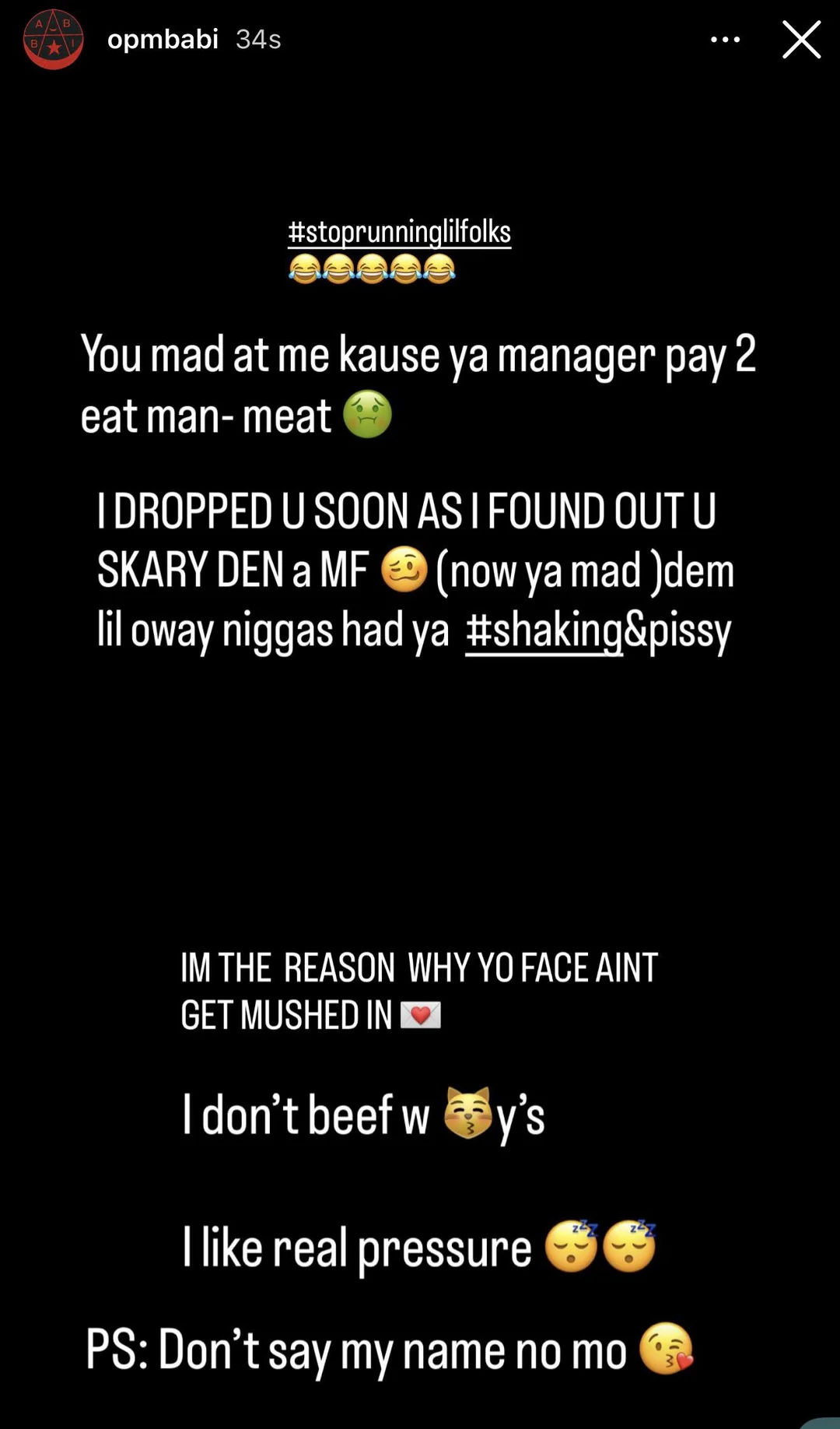 OPM Babi Instagram story responding to Nine Vicious — full text quoted in the article body.